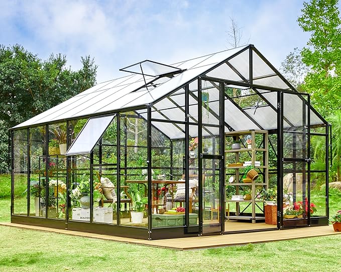 Jocisland 12x13.5x9 FT Polycarbonate Greenhouse - Outdoor Aluminum Greenhouse with 4 Ventilation,Quick Connect Fittings, 6.7 FT Height Double Doors, Walk in Greenhouse for Backyard, Black, YPG301