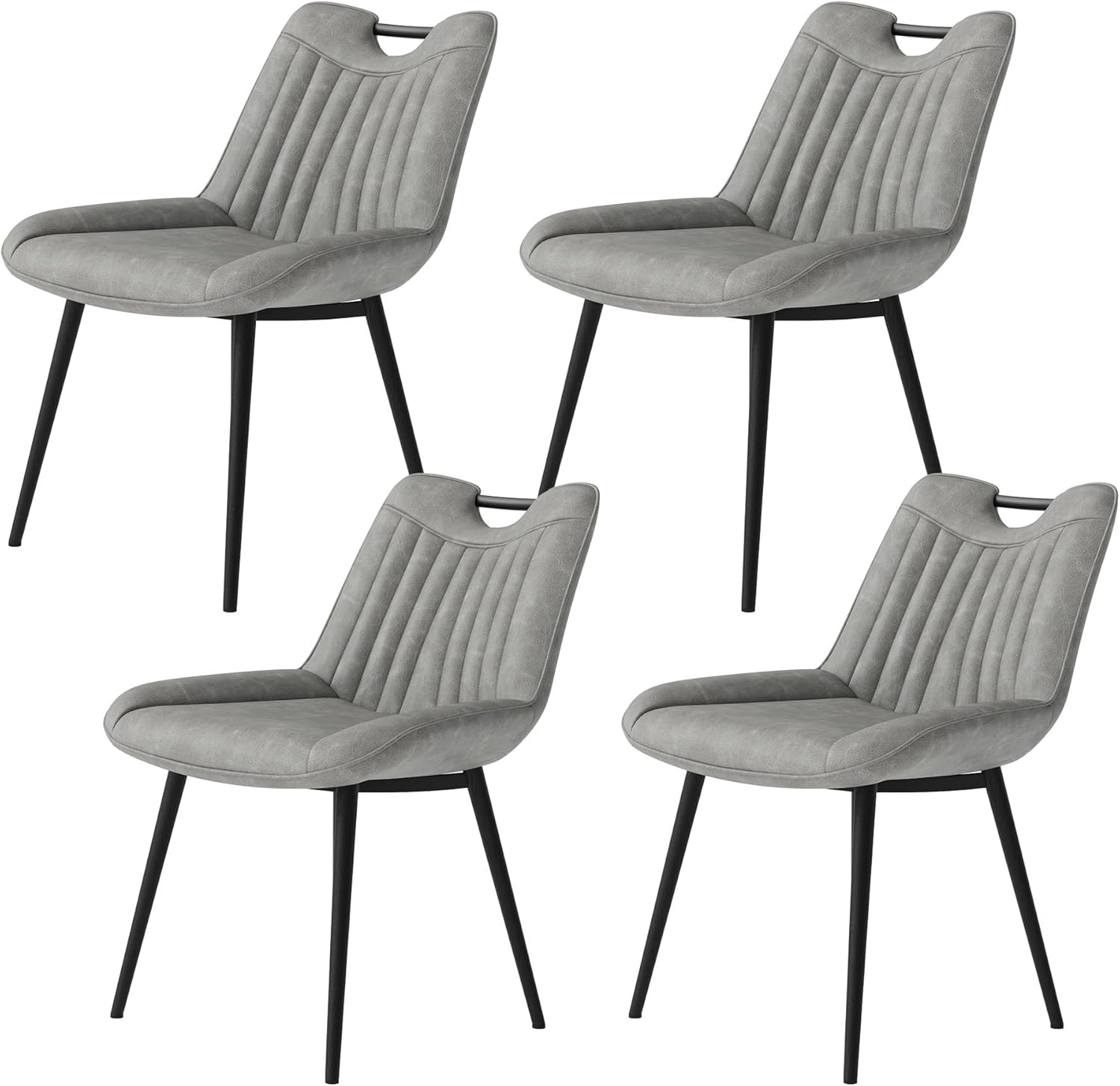 Jocisland Upholstered Faux Leather Dining Chairs Set of 4, Mid-Century Modern Kitchen & Dining Room Chairs with Curved Backrest, Cutout Handle, Metal Legs & Padded Seat, Grey
